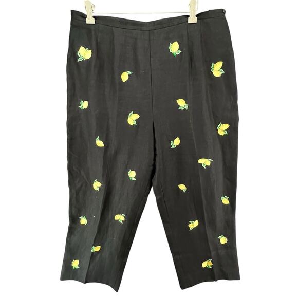 Vintage Talbots Crop Pants Womens 16 Black Yellow Irish Linen Embroidered Lemons - Picture 1 of 12